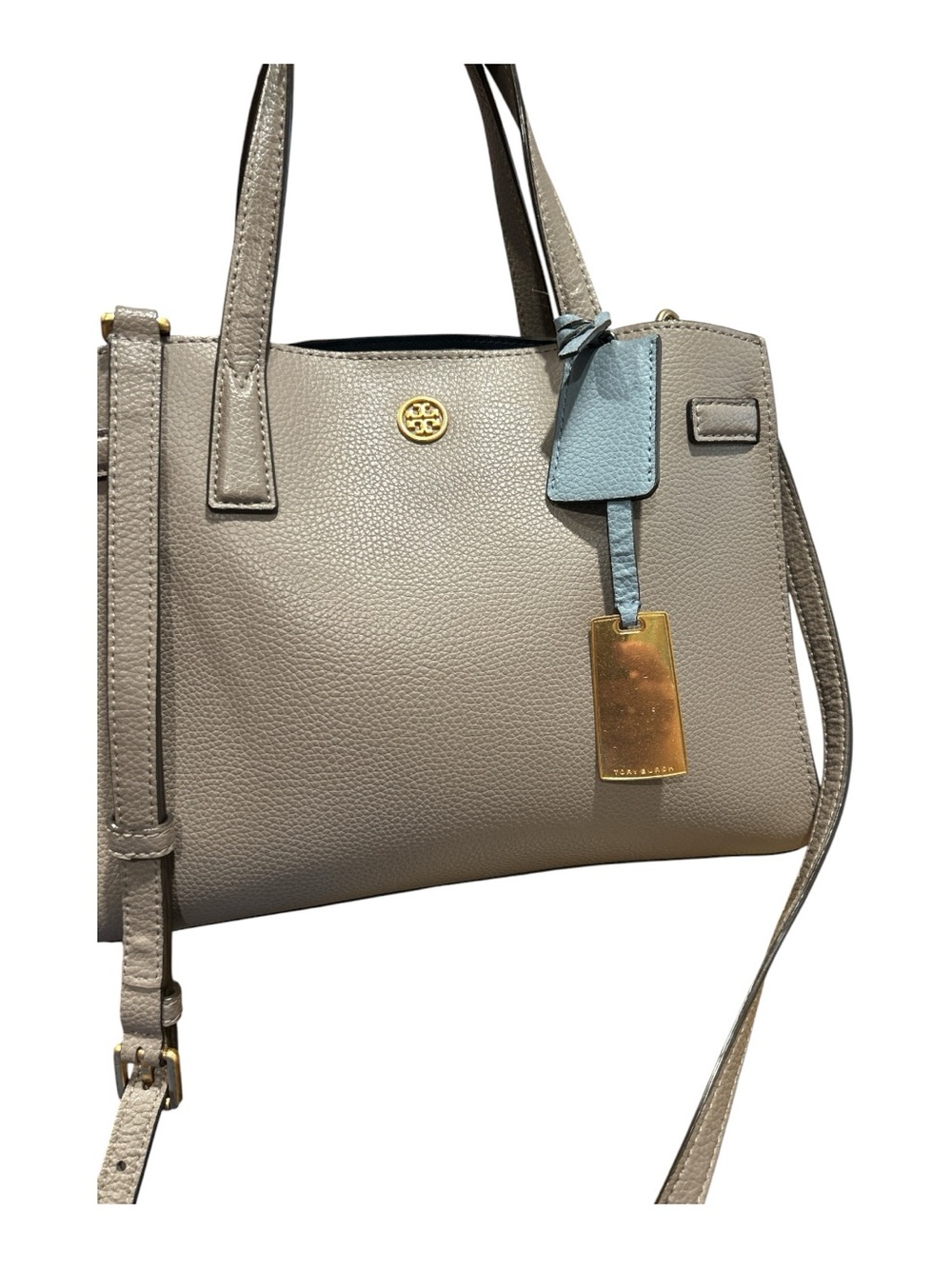 Tory Burch taupe leather tote with light blue luggage tag - Picture 8 of 9
